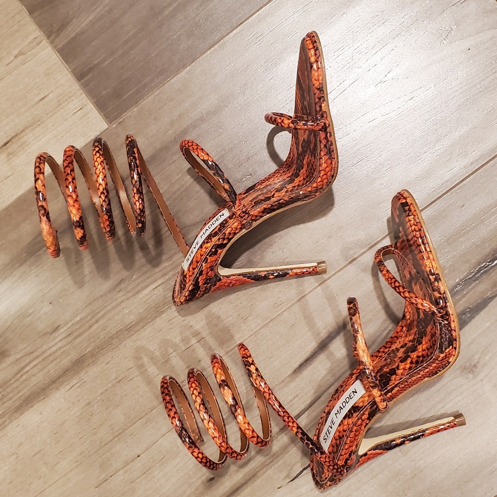 Steve Madden Orange & Black Snakeskin Heels with Strappy Design